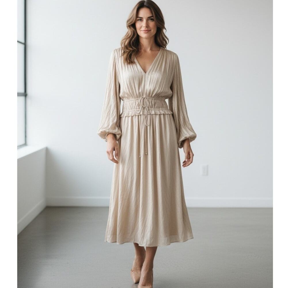 Elie Tahari Beige Gathered Satin Midi Dress Balloon Sleeve Size M